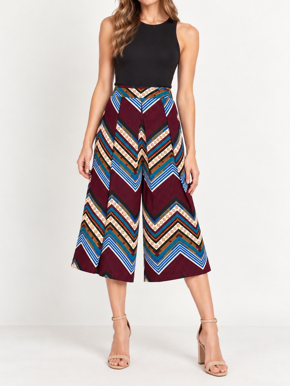 ASTR The Label Medium Geometric Chevron Print Wide Leg Cropped Culotte Pants